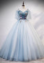 Lovely Spaghetti Strap Blue Long Prom Dresses, Lace Prom Dresses