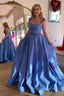 Blue A Line Cap Sleeves Long Prom Dress with Beading