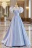 Blue A-Line Satin Long Prom Dresses, Blue Satin Formal Evening Dress