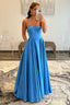 Blue A Line Spaghetti Straps Simple Prom Dress with Pockets