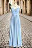 Blue A Line Spaghetti Straps V Neck Pleated Floor Length Chiffon Long Bridesmaid Dress