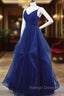 Blue A-line Straps Tulle Layers Long Party Dress, Blue Long Prom Dress