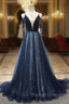 Blue A Line Straps Tulle Long Prom Dress, Blue Bridesmaid Dress