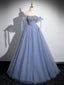 Blue A-Line Tulle Beads Long Formal Prom Dress, Blue Long Formal Dress