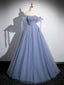 Blue A-Line Tulle Beads Long Prom Dresses Blue Long Prom Dresses