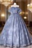 Blue A-Line Tulle Lace Long Prom Dresses Blue Prom Graduation Dresses