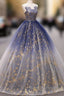 Blue A line Tulle Lace Long Prom Dress, Tulle Formal Blue Graduation Dresses