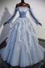 Blue A-Line Tulle Lace Long Prom Dresses, Blue Formal Evening Dresses