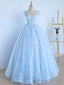 Blue A Line Tulle Lace Long Prom Dresses, Blue Lace Formal Prom Dresses