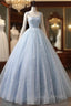 Blue A Line Tulle Long Prom Dress, Blue Formal Sweet 16 Dress
