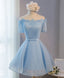 Blue A Line Tulle Short Sleeve Lace Short Prom Dress, Blue Cute Homecoming Dress