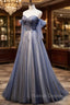 Blue and Grey Tulle Long Sweetheart Party Dress, Tulle A-line Formal Dress