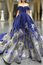Blue And White Sequins Off The Shoulder Backless Appliques Haute Couture Prom Dress
