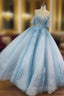 Blue Ball Gown Beaded and Lace Long Sweet 16 Dresses Blue Tulle Prom Dresses