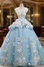 Blue Ball Gowns Cap Sleeve Organza Flower Backless Wedding Dress