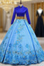 Blue Ball Gowns Satin High Neck Backless Long Sleeve Appliques Quinceanera Dresses