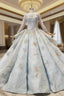 Blue Ball Gown Sequins Long Sleeve Appliques Luxury Wedding Dress With Pearls