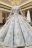 Blue Ball Gown Sequins Long Sleeve Appliques Luxury Wedding Dresses With Pearls