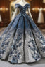 Blue Ball Gowns Sequins Off The Shoulder Appliques Floor Length Wedding Dress