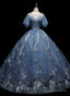 Blue Ball Gowns Short Sleeves Tulle Long Prom Dresses Blue Tulle Prom Dresses