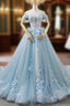 Blue Ball Gowns Tulle Off The Shoulder Appliques Wedding Dress