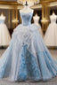 Blue Ball Gown Tulle Sweetheart Sleevelss Princess Prom Dress With Train