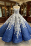 Blue Ball Gown White 3D Appliques Prom Dress