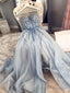 Blue Beaded Long Prom Dresses, Sweetheart Neck Blue Long Formal Prom Dresses with Beadings