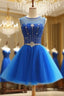 Blue Beaded Tulle Short Cute Homecoming Dresses Blue Short Prom Dresseses