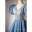Blue Beaded Tulle Short Sleeves Formal Dresses, Blue Homecoming Dress Prom Dress