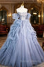Blue Cascading Ruffles Long Prom Dresses, A Line Strapless Short Sleeve Sweep Train Prom Dress