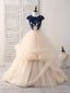 Blue/Champagne Tulle Lace Applique Long Prom Dress, Prom Dress