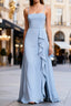 Blue Chiffon A-Line Long Bridesmaid Dresses with Ruffles