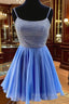 Blue Chiffon Beads Backless Short Prom Dress, Blue Homecoming Dress