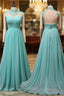 Blue Chiffon Lace And Beaded Cap Sleeves Prom Dresses A-Line Chiffon Prom Dresses