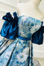 Blue Floral Pattern Long Senior Prom Dress, Off the Shoulder Prom Prom Dress