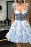 Blue Floral Printed Spaghetti Straps A Line Short Corset Homecoming Dresses