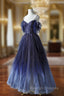 Blue Gradient Tulle Strapls Beading Prom Dress
