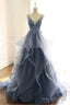 Blue Gray Lace V Neck Long Ruffles Prom Dress Organza Evening Dress