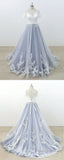 Blue Gray Tulle Ivory Lace Short Sleeve Beach Wedding Dresses Long Pageant Prom Dresses