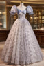 Blue Gray Tulle Sequins Puff Sleeve Prom Dress