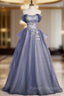 Blue-Grey Long A Line Off Shoulder Prom Dresses New A Line Prom Dresseses