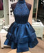 Blue High Neck Sequin Beaded Short Prom Dresses Cute Homecoming Dresses
