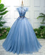 Blue High Neck Tulle Blue Long Prom Dress, Blue Prom Dress