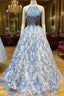 Blue High Neck Tulle Lace Long Prom Dress Blue Lace Evening Dress