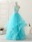 Blue High Neck Tulle Long Prom Dress Blue Prom Dress