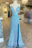 Blue Iridescent Sequin Prom Dress V Neck Mermaid Graduation Dresses Split