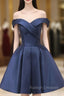 Blue Knee Length Satin Short Prom Dress, Off the Shoulder Blue Homecoming Dress