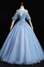 Blue Lace Long A Line Ball Gown Blue Prom Dresses
