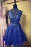Blue Lace Short A-Line Prom Dresses Homecoming Dresses